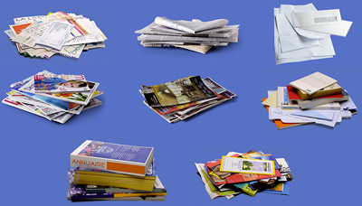 Journaux, magazines, prospectus, enveloppes, catalogues, livres et cahiers